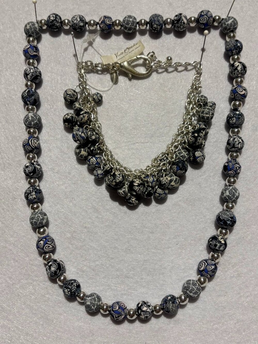 Viva Beads Artisan Blue, Black Swirl Polymer Clay Bead Necklace & Bracelet Set